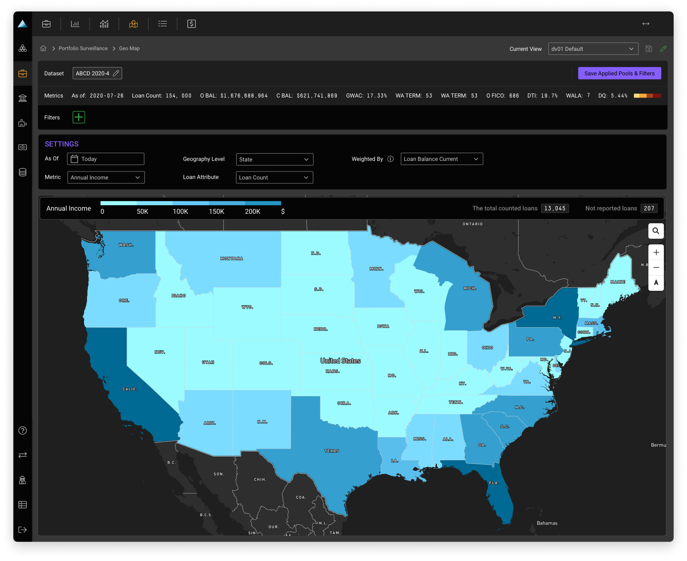 Geographic distribution — portfolio concentration visualized by annual income across U.S. states